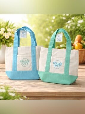 🔥Set of 2 LIMITED EDITION Trader Joe's Mini Pastel Canvas Tote Bags Mint/Blue